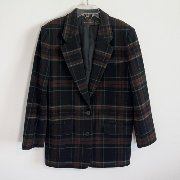Classiques Entier Women’s Black & Brown Plaid Wool Blazer Size Large - Picture 1 of 13